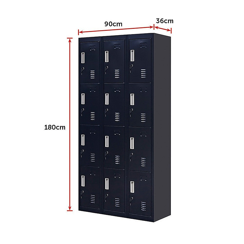 Organize your office or gym space with our 12-door locker. Each locker comes equipped with a standard lock and 2 keys for secure storage. Keep your belongings safe and easily accessible with this sleek and functional design. Perfect for any professional setting.