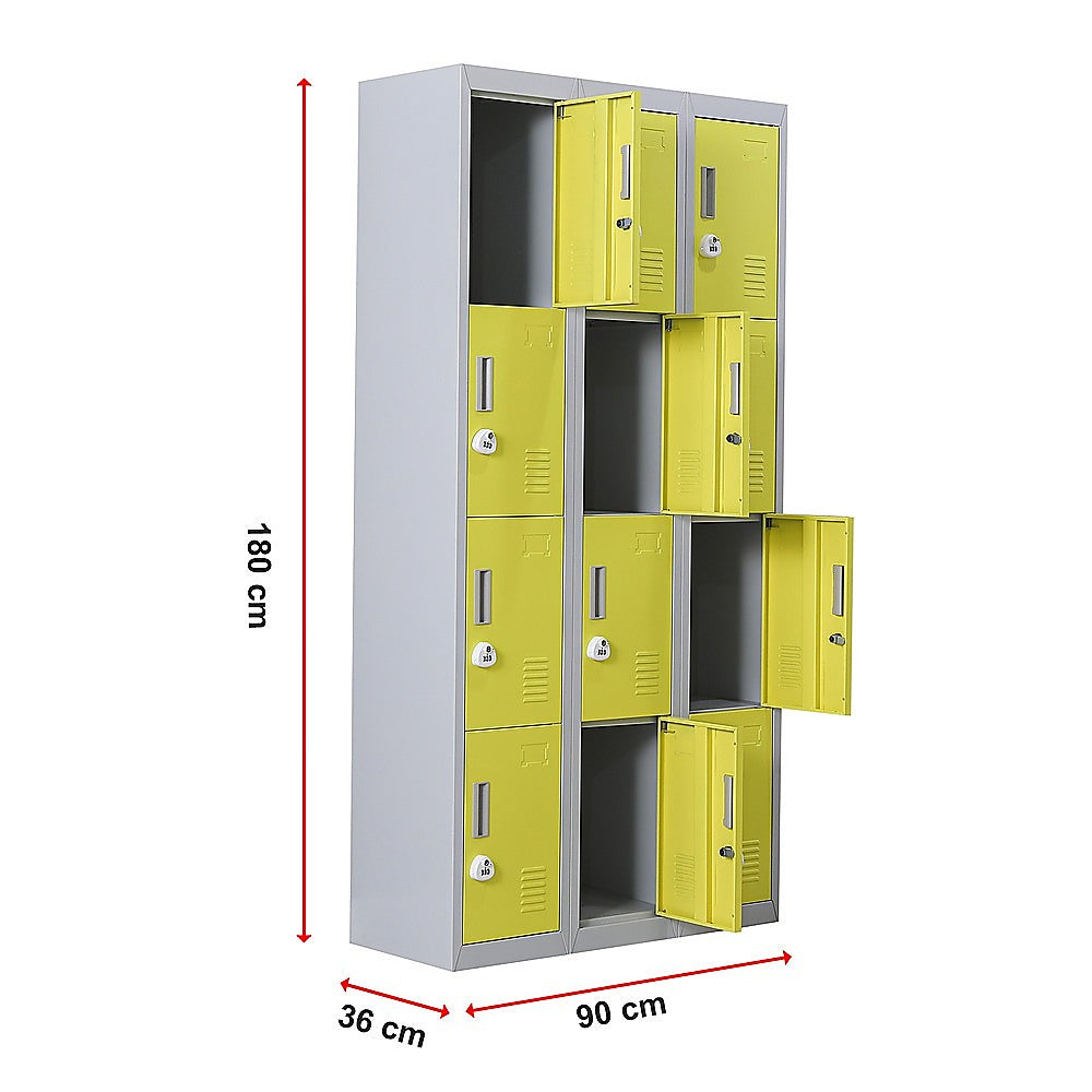 Experience convenience and security with our 12-door locker for the office gym. The 3-digit combination lock ensures your belongings are safe while the large capacity allows for storage of personal and work items. Perfect for any office or gym setting.