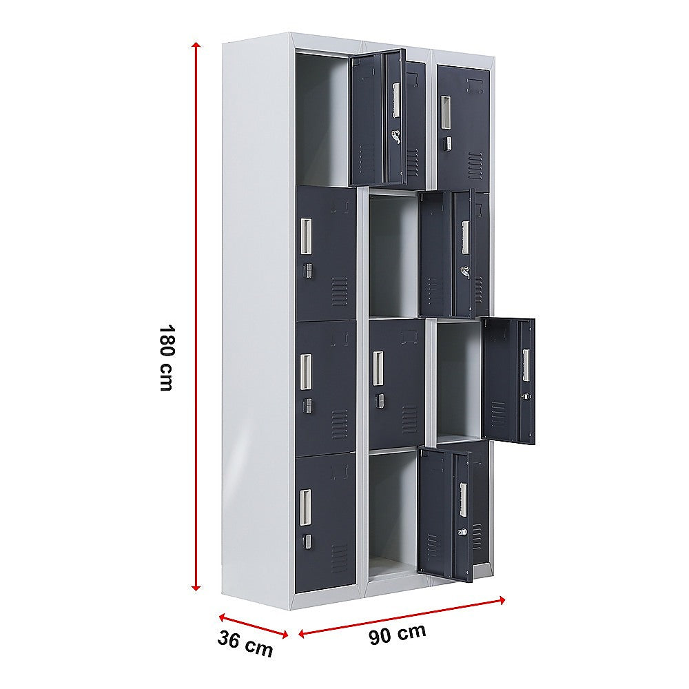 This 12-door locker, operated by padlock, offers a secure storage solution for multiple users. It is suitable for a variety of settings, including offices, dorms, gyms, spas, schools, and hospitals. As your needs grow, you can easily add more units while maintaining a consistent appearance throughout your establishment.