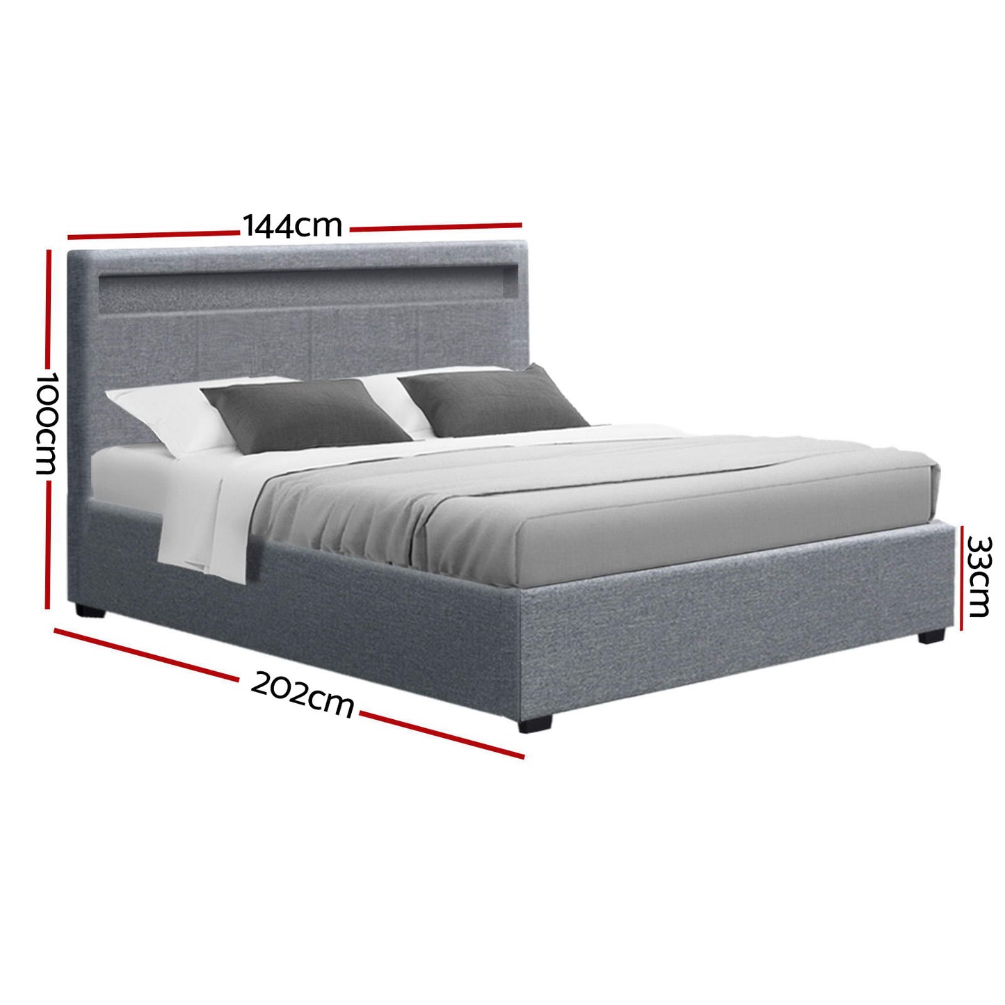 Artiss Cole LED Bed Frame Fabric Gas Lift Storage - Grey Double