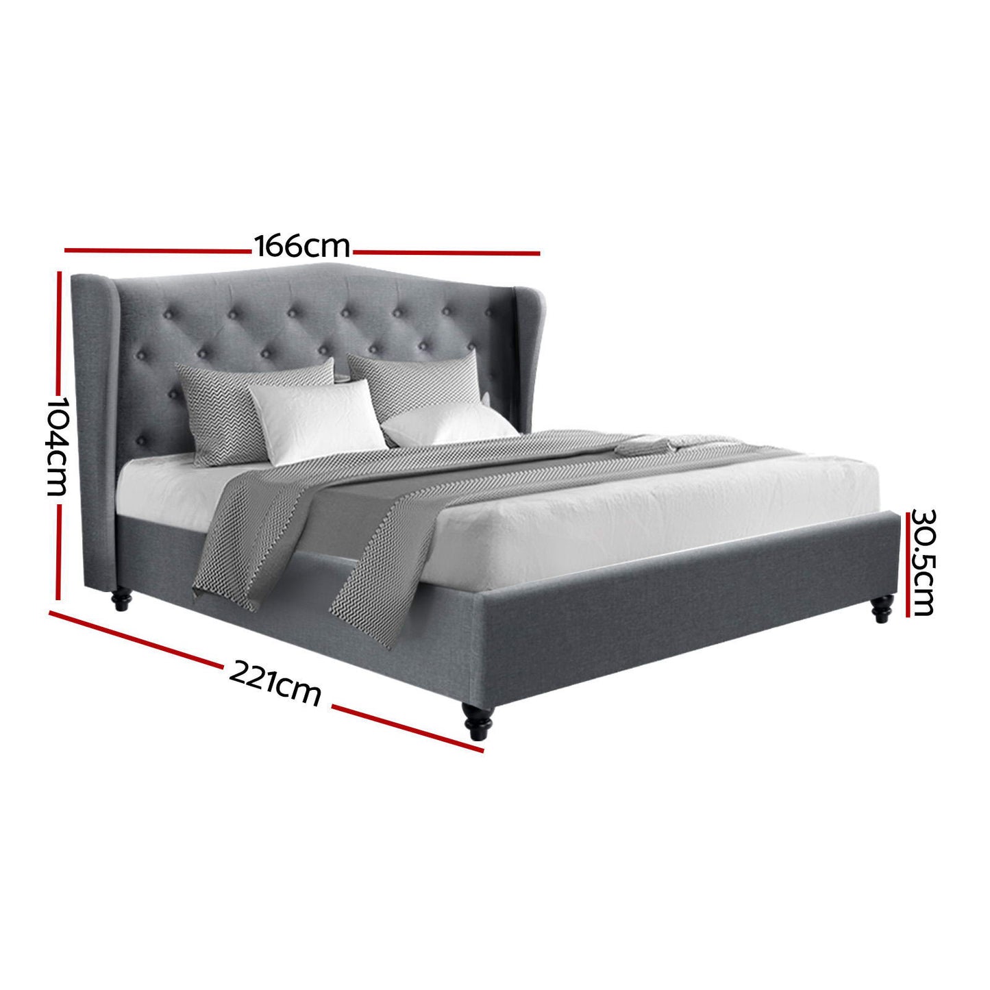 Gray upholstered bed with dimensions marked on a white background