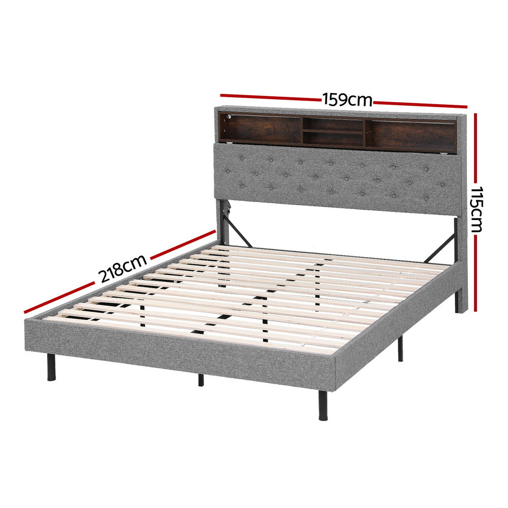 Artiss Bed Frame Queen Size LED Mattress Base Platform with Storage Box Grey