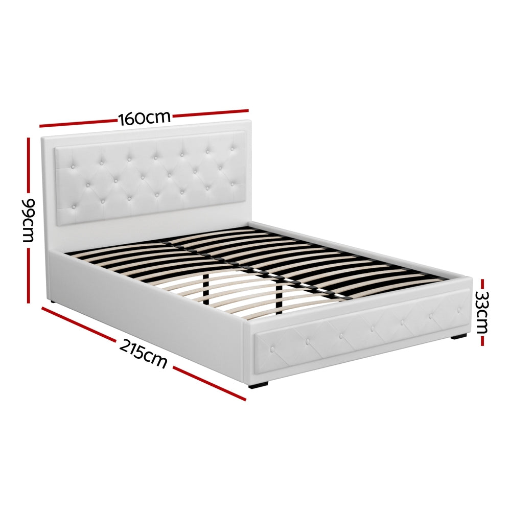 Artiss Tiyo Bed Frame PU Leather Gas Lift Storage - White Queen