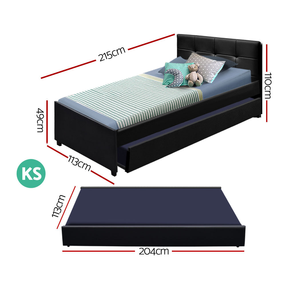 Trundle Wooden Bed Frame with Storage Drawer - Black King Single