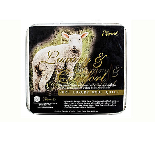 Easyrest 500GSM Winter Weight Australian Made Washable Wool Quilt Super King
Discover the cozy and comforting properties of 100% Pure New Australian Wool with the Easyrest 500GSM Winter Weight Washable Wool Quilt, proudly made in Australia. Its 100% Cotton Japara Cover and insulating layer made of Pure New Australian Wool offer superb quality and insulation. Stay comfortable in all seasons with this locally manufactured, globally sourced quilt.