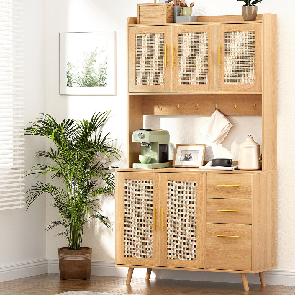 Artiss Buffet Sideboard Hutch Storage Cabinet Kitchen Cupboard Hooks Rattan Pine