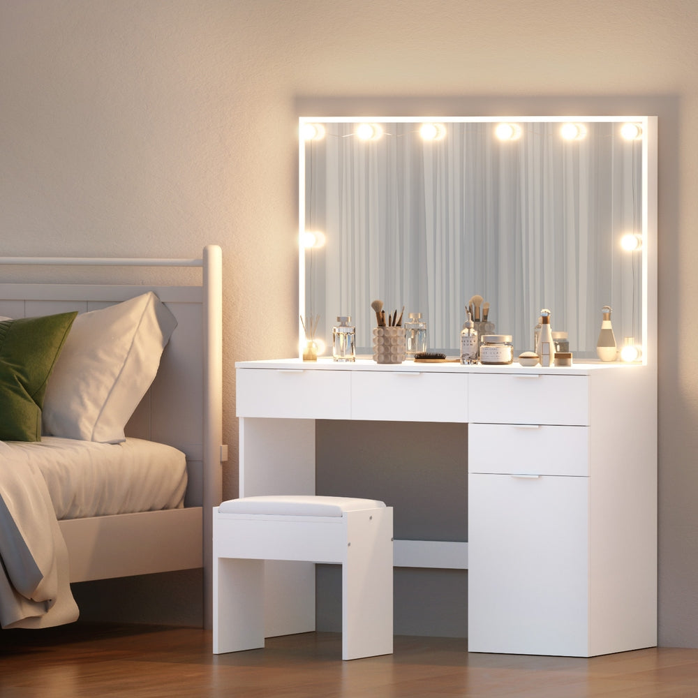 Artiss Dressing Table Set Stool 10 Led Bulbs White