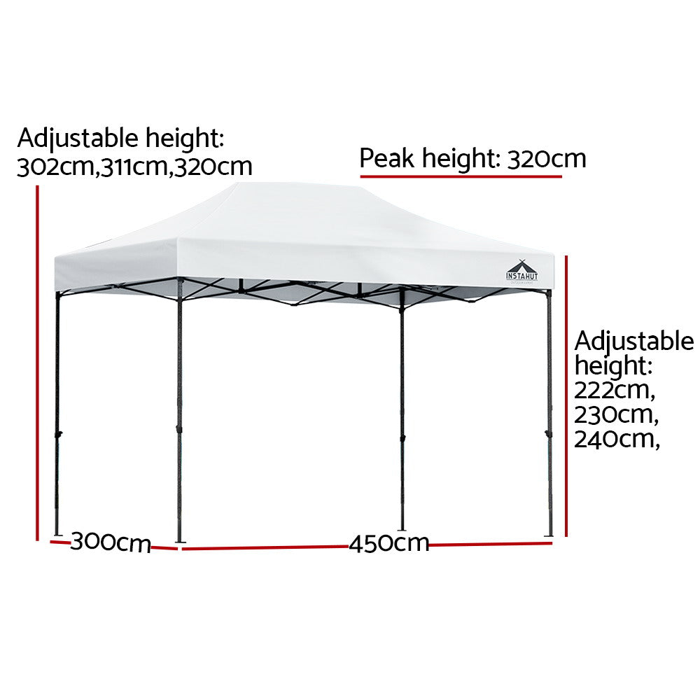 Gazebo Pop Up 3x4.5m w/Base Pod x4-White