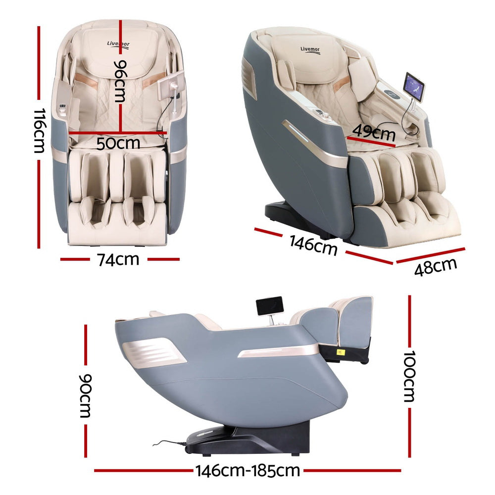 Massage chair with dimensions labeled on a white background