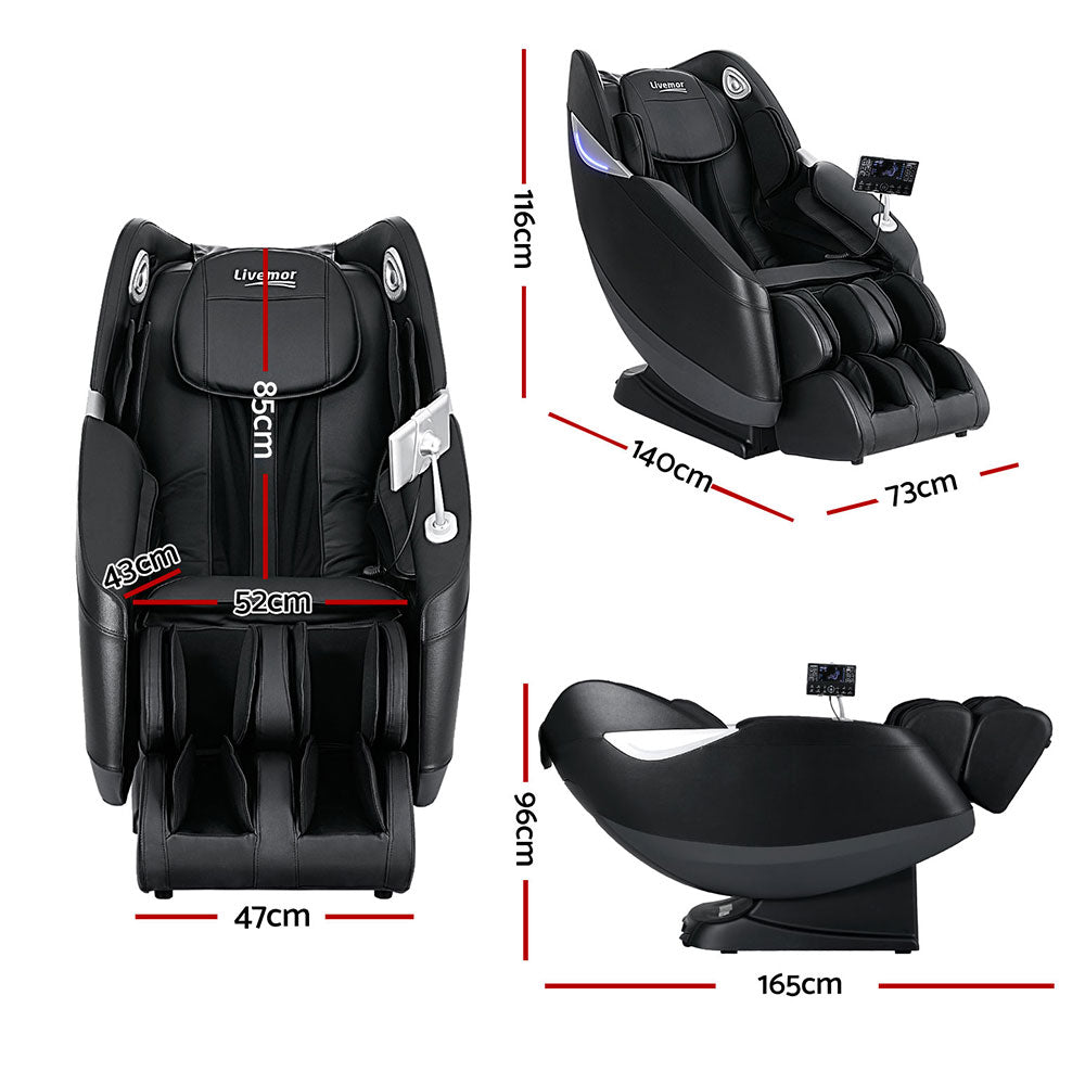 Black massage chair with dimensions marked on a white background