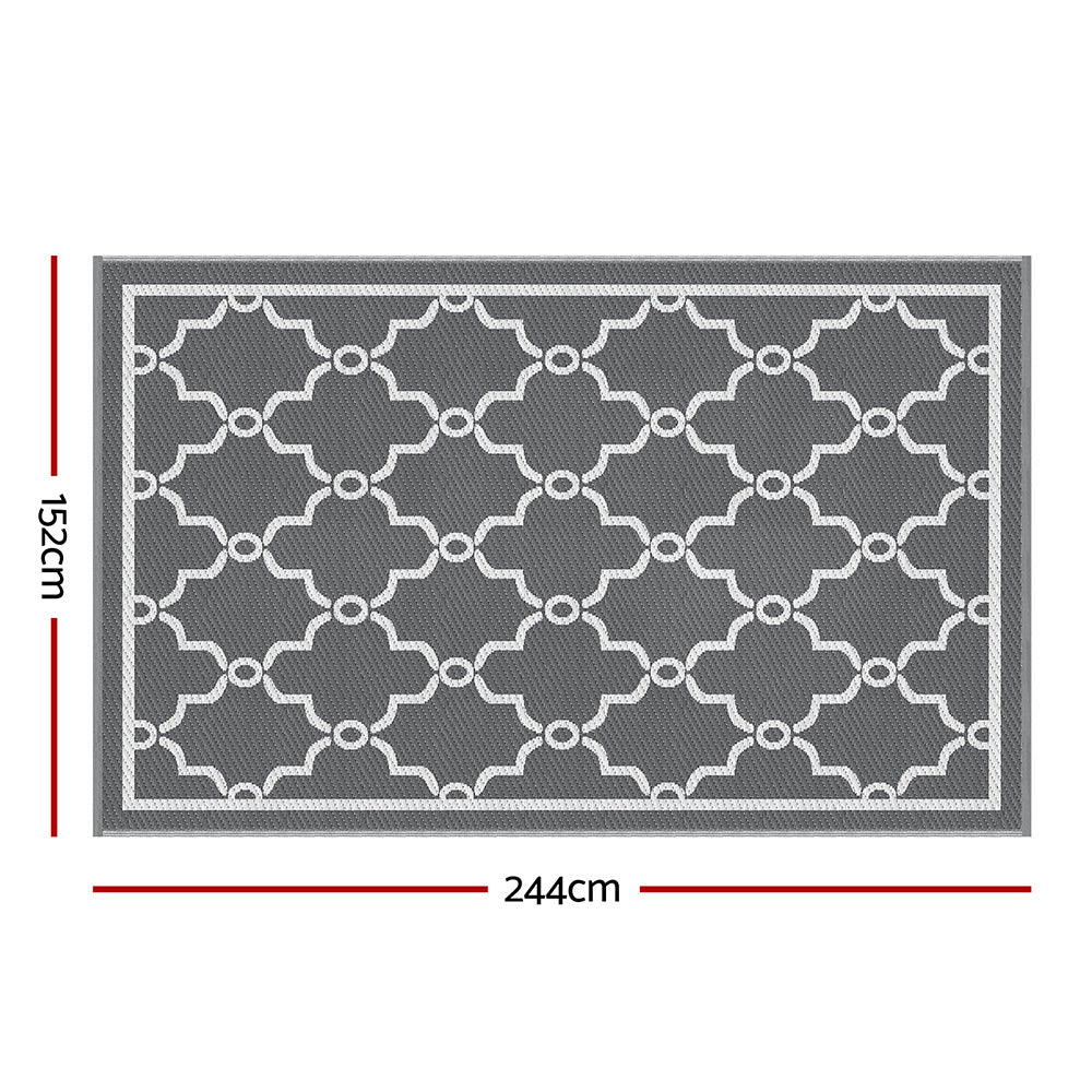 Gray rug with white geometric pattern and measurements on a white background