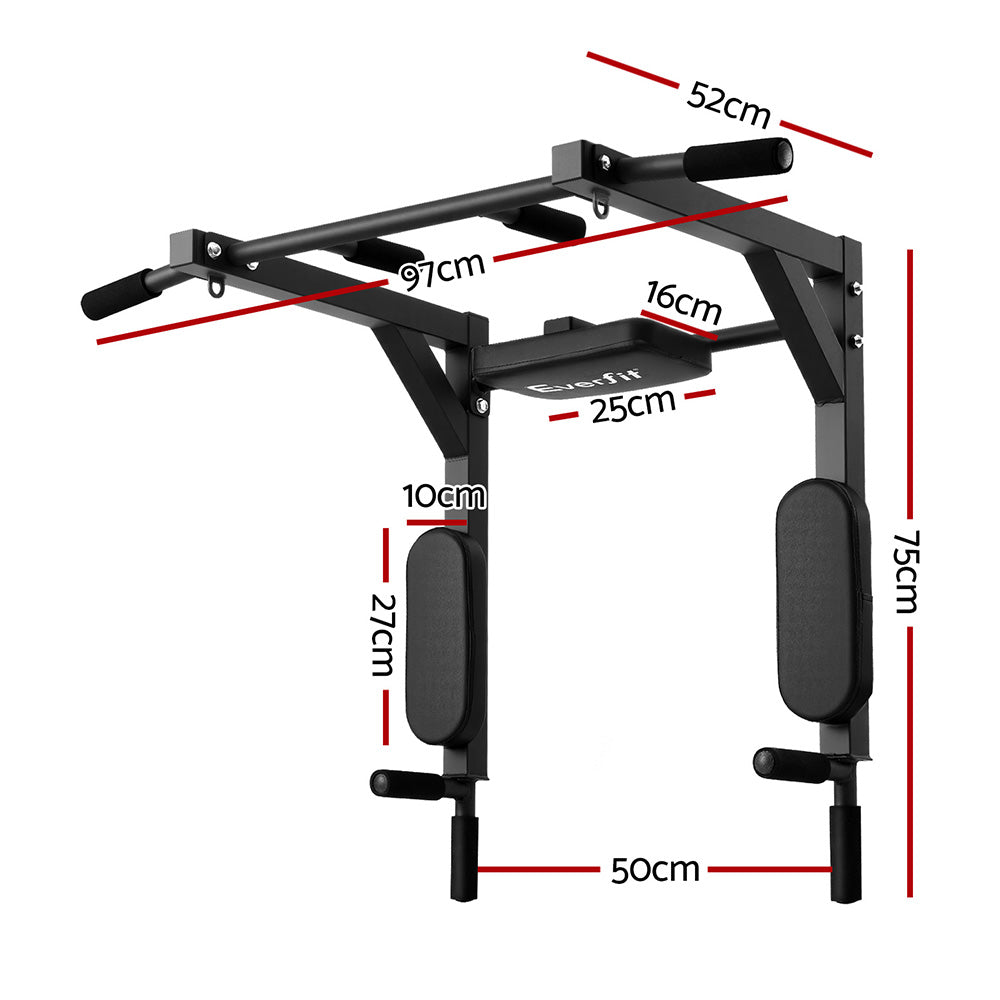 Black Everfit pull-up bar with measurements on a white background