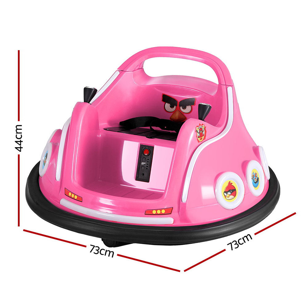 Pink toy car with character design and measurements on a white background