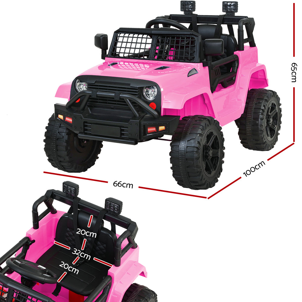 Pink toy jeep with dimensions indicated on a white background