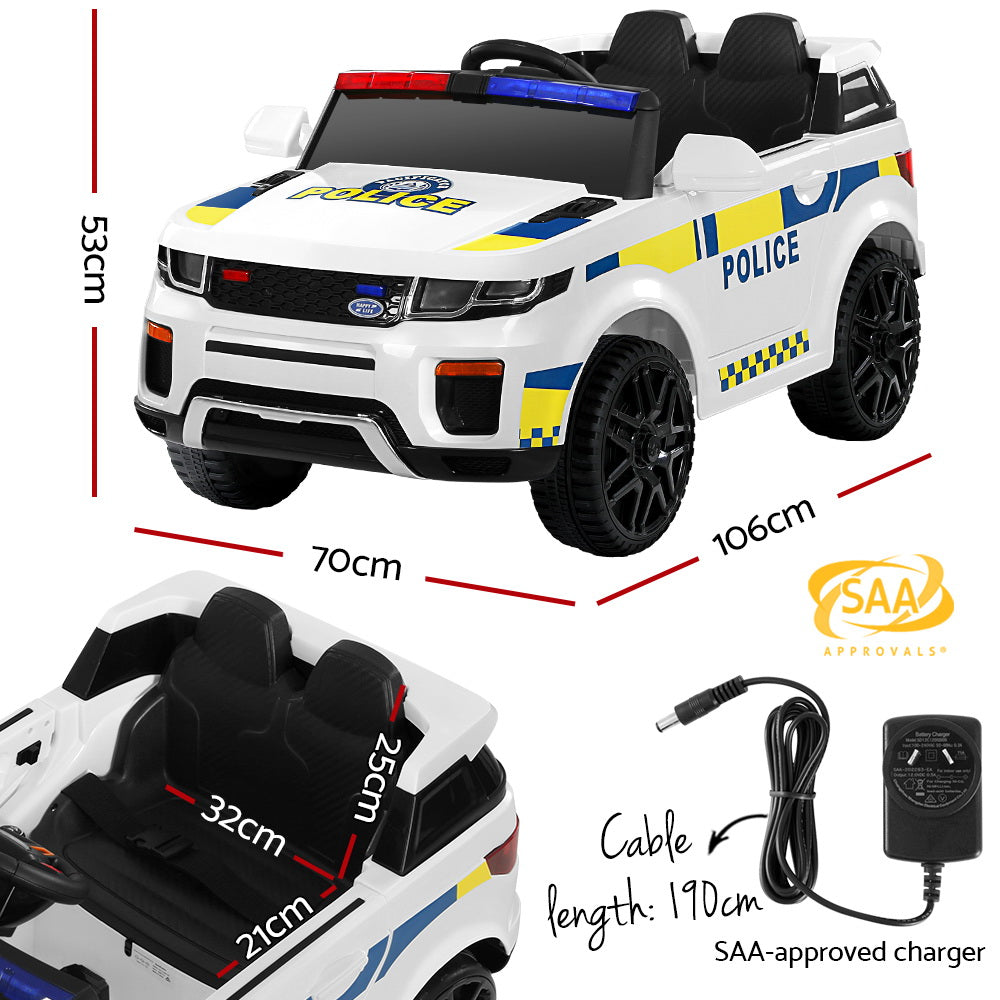 Children's toy police car with dimensions and SAA approval logo displayed.