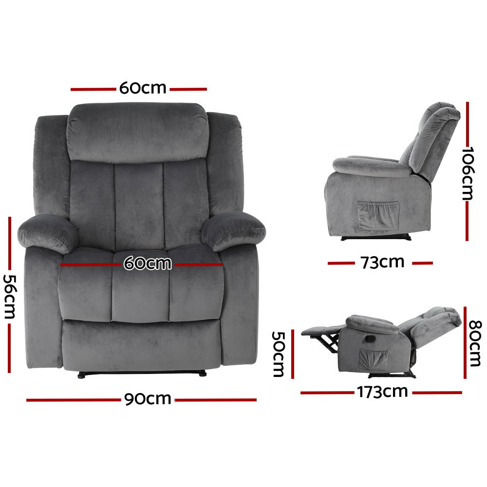 Artiss Recliner Chair Electric Massage Chair Velvet Lounge Sofa Heated-Grey