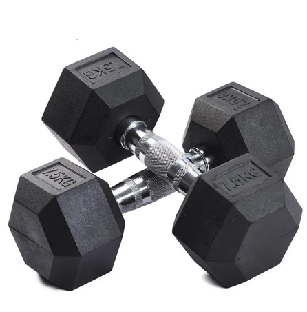 Pair of black hexagonal dumbbells with weight markings on a white background
