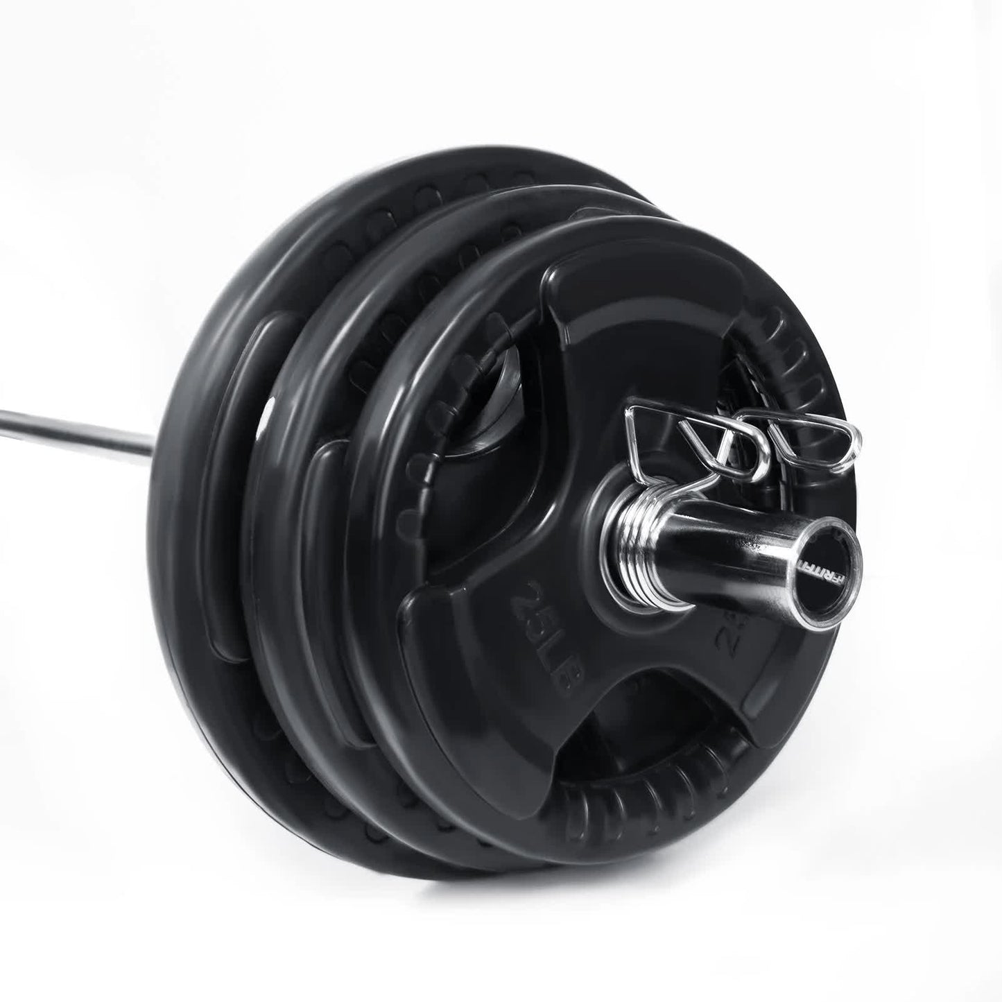 Black weight plate with chrome bar on a white background