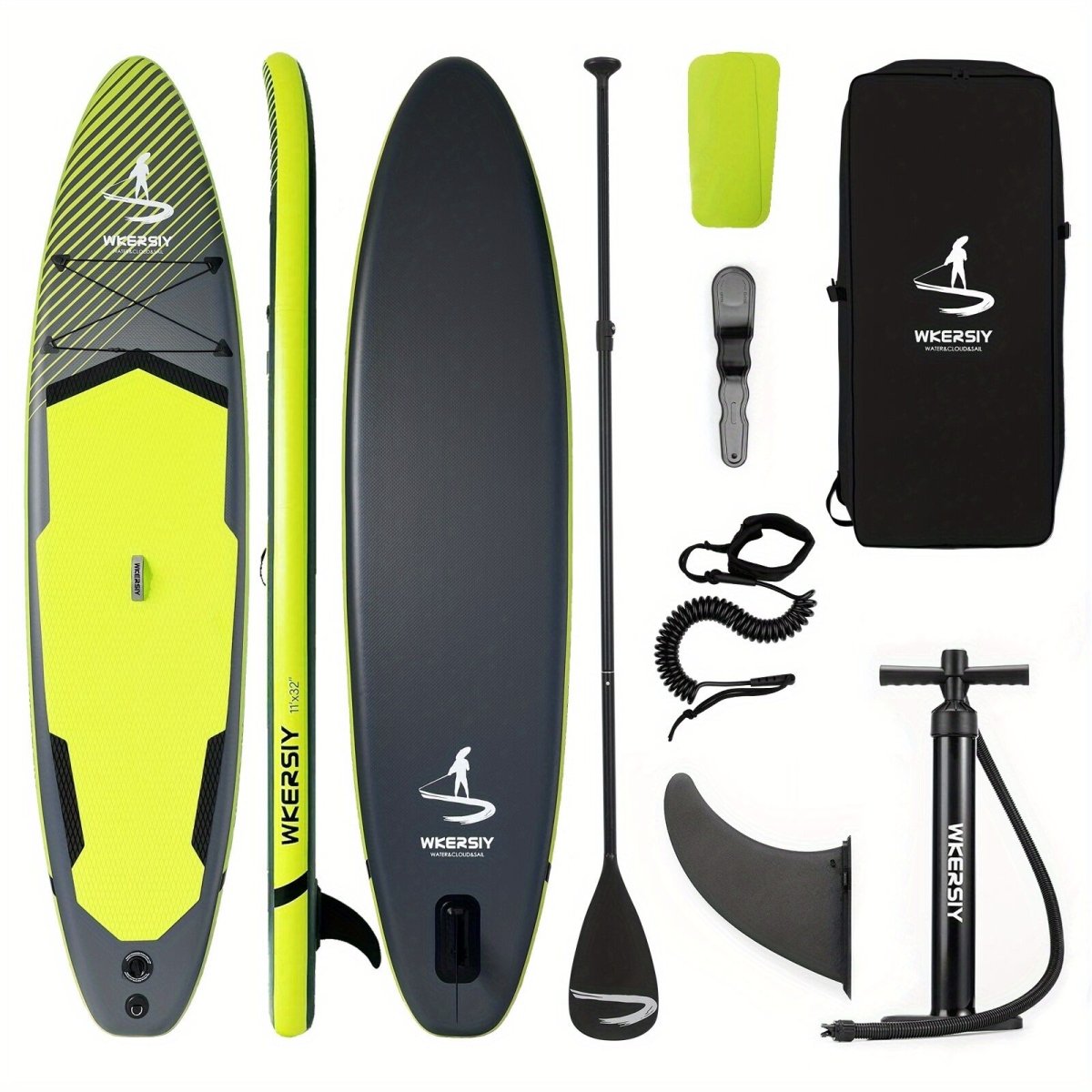 Inflatable vertical paddle set for water sports and surfing - including air pump, paddle, rope, backpack, fin box and maintenance tools. - Factory Direct Shop