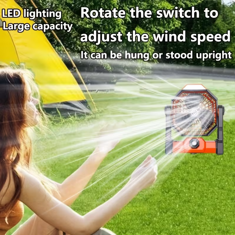 A portable outdoor camping fan with adjustable brightness, LED light strip hook, USB rechargeable, built-in 7800mAh battery for long battery life, 270° adjustable outdoor cooling fan, stepless speed change, silent, suitable for camping, terraces, pets, an