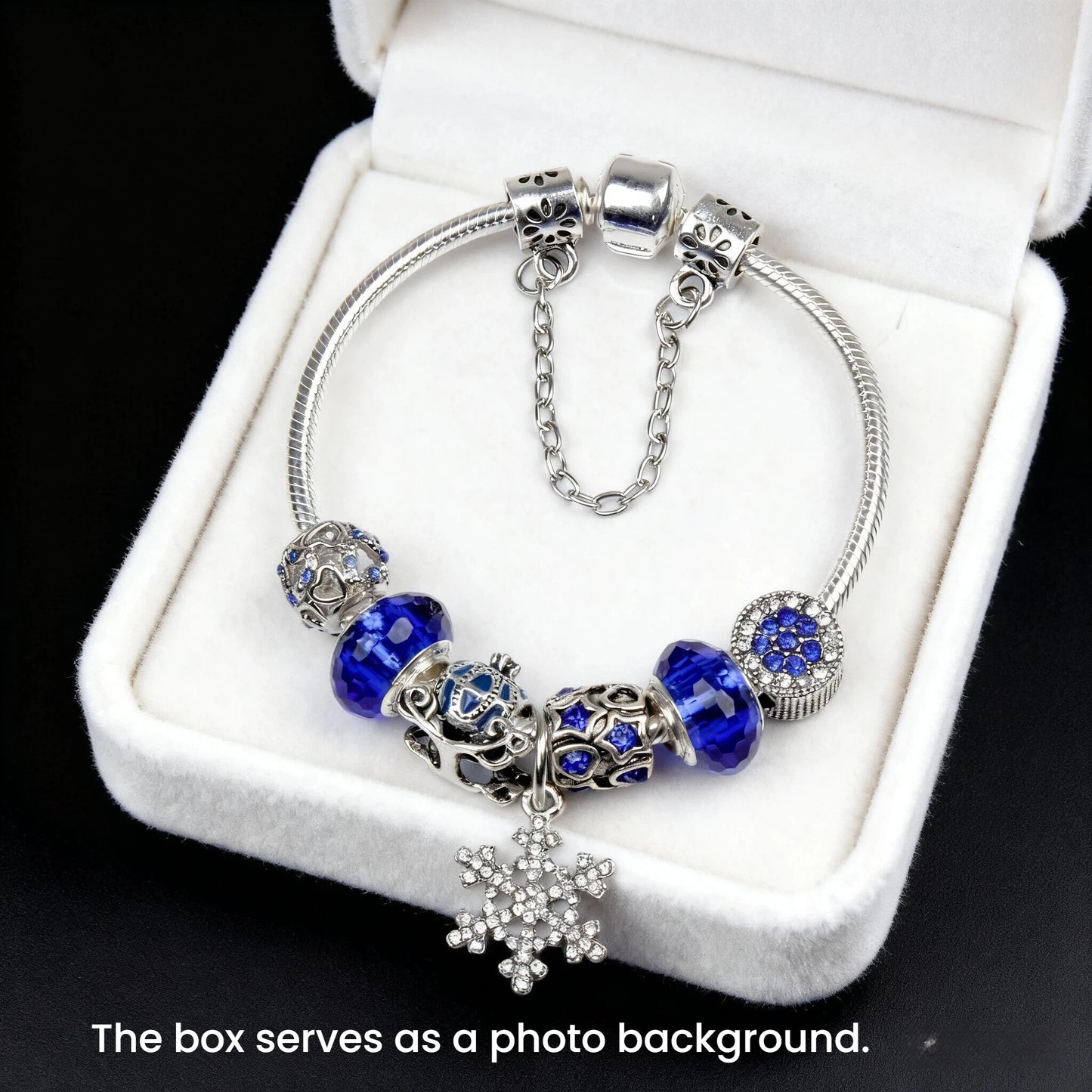 Snowflake Pendant Bracelet - Blue Cat’s Eye & Glass Beads, Zinc Alloy with Rhinestone Silver Carved Charms(20cm)