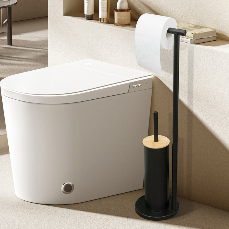 2 - in - 1 Iron Floor Standing Roll Paper Holder and Bamboo Lid Toilet Brush For Bathroom and Toilet - Black - Factory Direct Shop