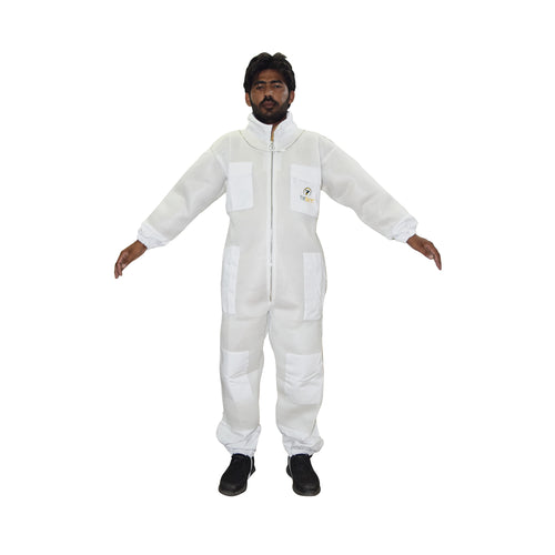 Person wearing a white coverall on a white background