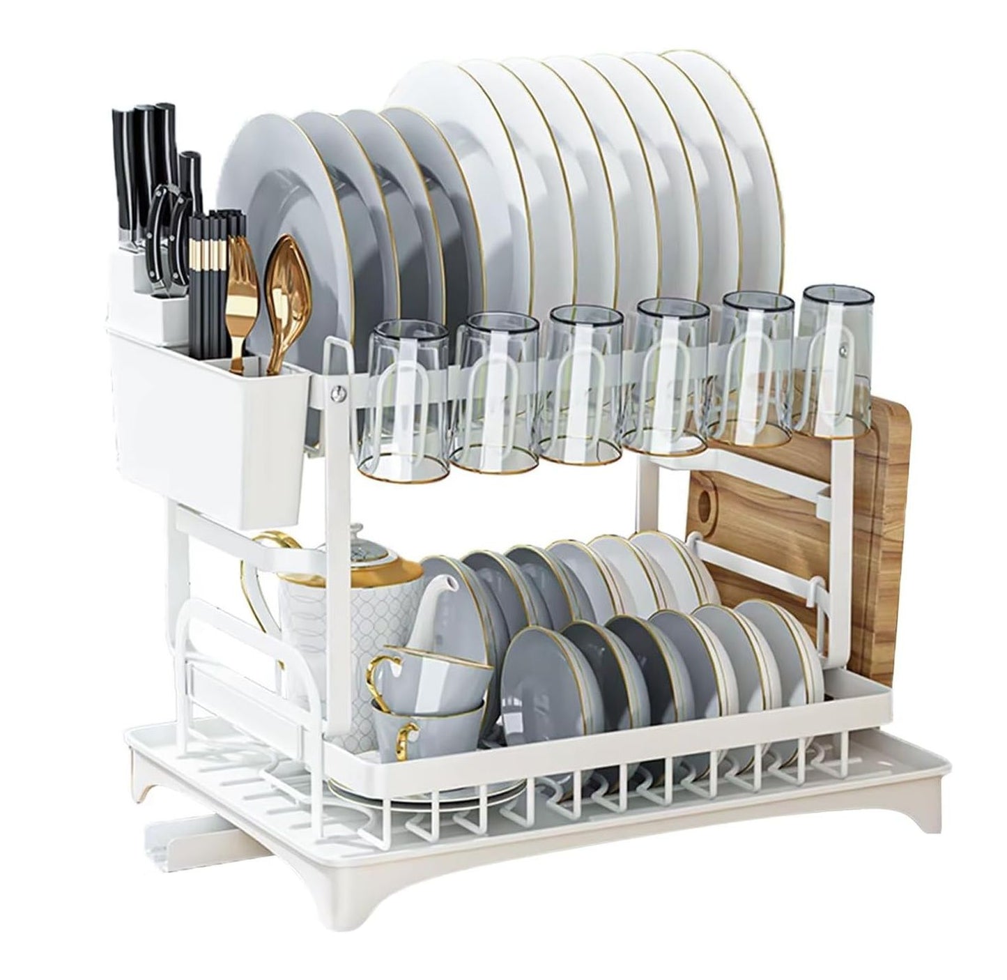 CARLA HOME 2-Tier Dish Drying Rack with Drainage Tray, Utensil Holder, Cup Hooks & Cutting Board Slot for Countertop Kitchen Storage (White)