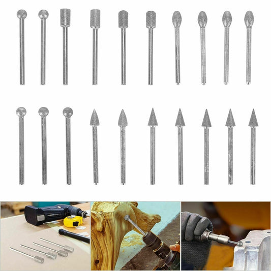 A set of 20 silver-colored diamond grinding head drill bits displayed in two rows with varying designs, alongside images showing the bits being used with a rotary tool for tasks such as wood carving and metalworking.