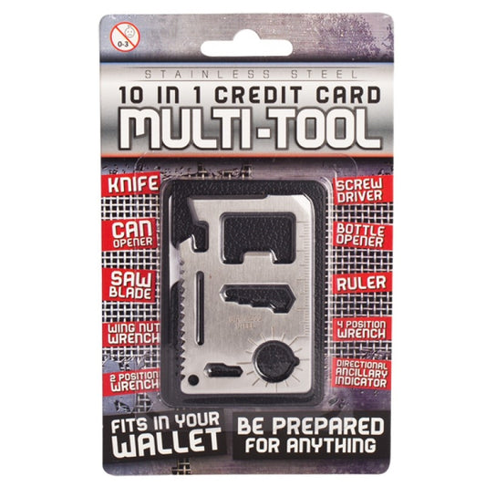 Packaged credit card multi-tool with various tools such as knife, can opener, screwdriver, ruler, bottle opener, saw blade, and wrenches, labeled as stainless steel and fitting in a wallet.