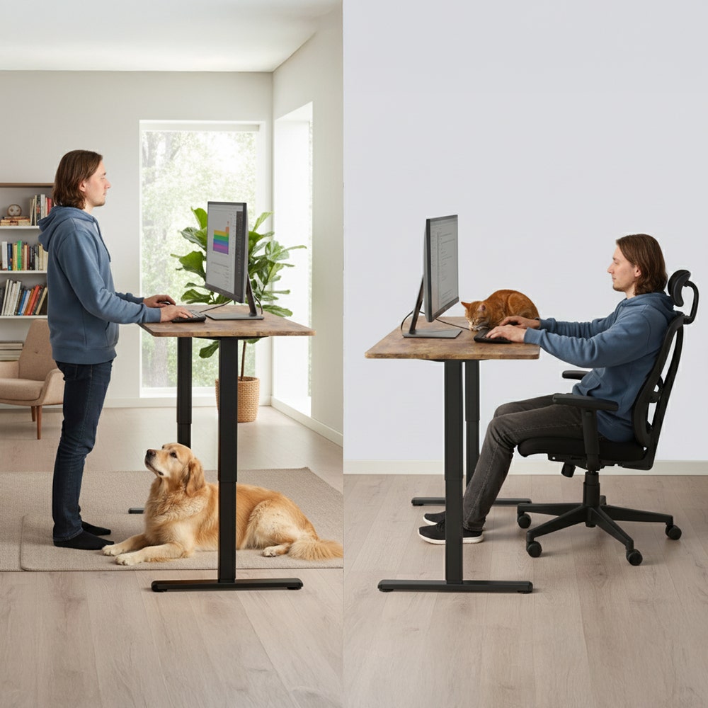 FORTIA Sit to Stand Standing Desk, 160x60cm, 72 - 118cm Electric Height Adjustable, Walnut Style Desktop/Black Frame - Factory Direct Shop