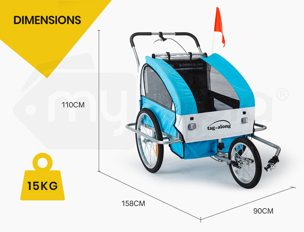 Blue and white bicycle trailer with dimensions and weight displayed on a white background