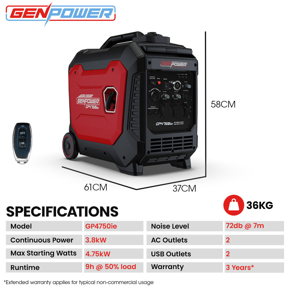 GenPower portable generator with remote control and specifications on a white background