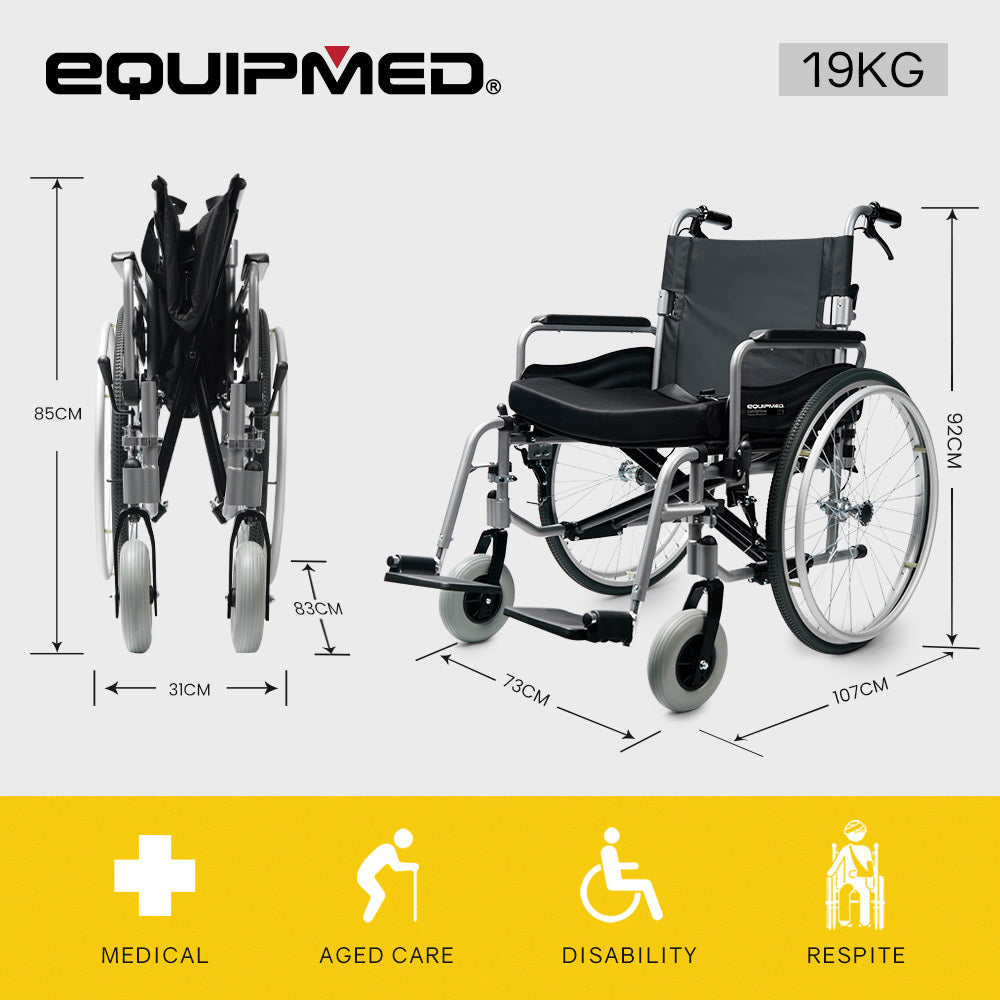 EQUIPMED Extra-Wide Folding Wheelchair, Aluminium Frame, 150kg Capacity, 24 Inch Wheels, Park Brakes, Black
The EQUIPMED Extra-Wide Folding Wheelchair offers a sturdy and lightweight aluminium frame, with a generous 150kg weight capacity and 24-inch wheels for effortless maneuvering. Its park brakes provide added safety and stability. Foldable for easy transport. The perfect solution for those seeking comfort and independence.