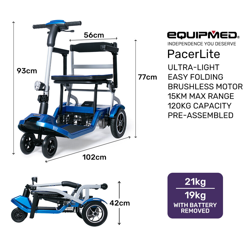Electric Mobility Scooter Long Range, Brushless Motor, Portable, Blue
The Electric Mobility Scooter offers a long range, brushless motor for efficient and reliable transportation. Its portable design makes it perfect for on-the-go use. Enjoy the convenience and mobility of this sleek blue scooter.
The Equipmed PacerLite Lightweight Mobility Scooter i
