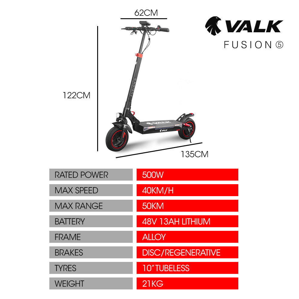 VALK Fusion 5 Electric Scooter, 500W 48V 13Ah Lithium 50km Range 40km/h Quad Shocks 10 inch Tyres,
The VALK Fusion 5 Electric Scooter boasts a powerful 500W motor and 48V Lithium battery, providing a long 50km range and top speeds of up to 40km/h. With quad shocks and 10 inch tyres, this scooter ensures a smooth and comfortable ride. Perfect for those seeking a fast, efficient, and reliable mode of transportation.