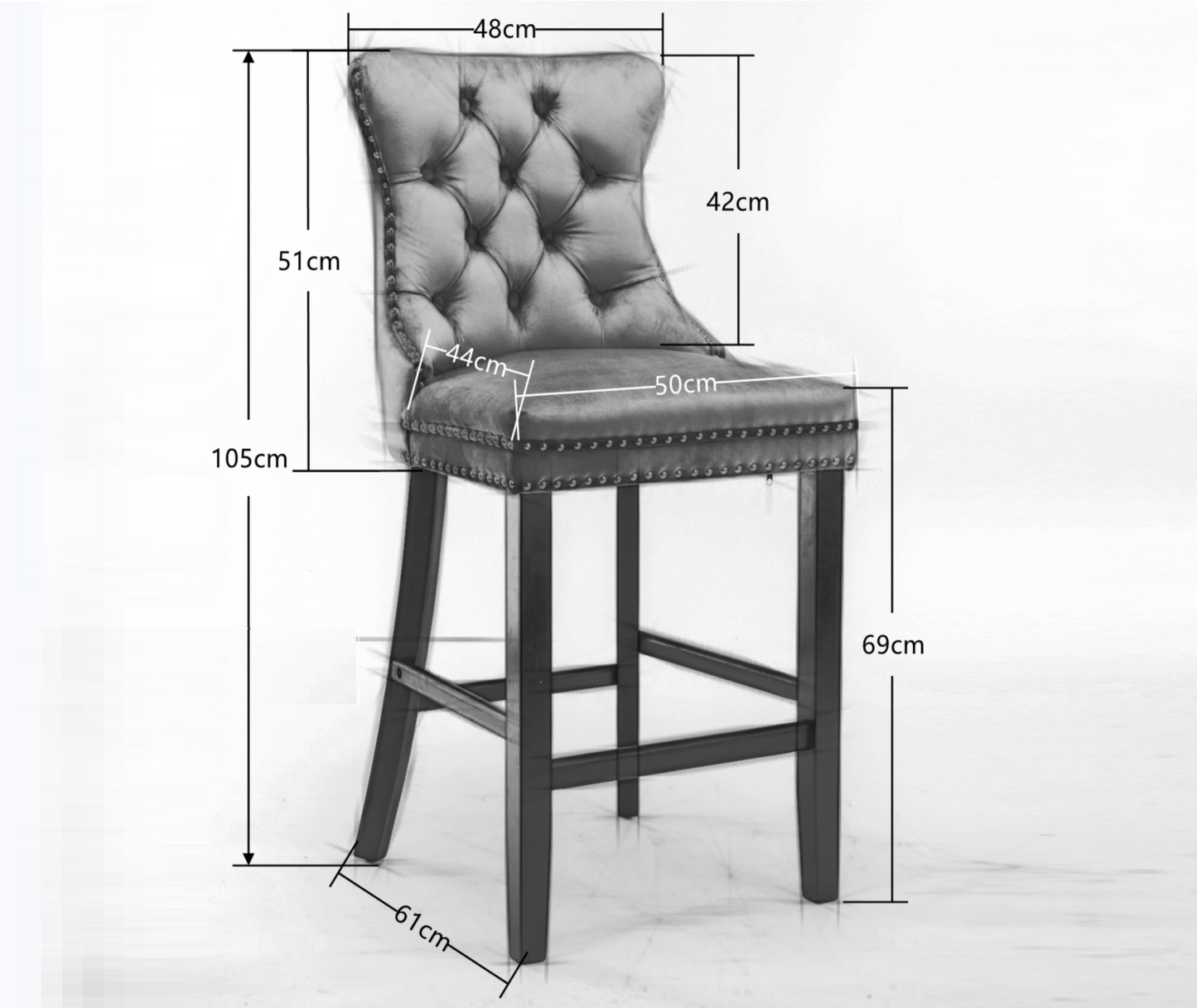 4X Velvet Bar Stools with Studs Trim Wooden Legs Tufted Dining Chairs Kitchen Grey