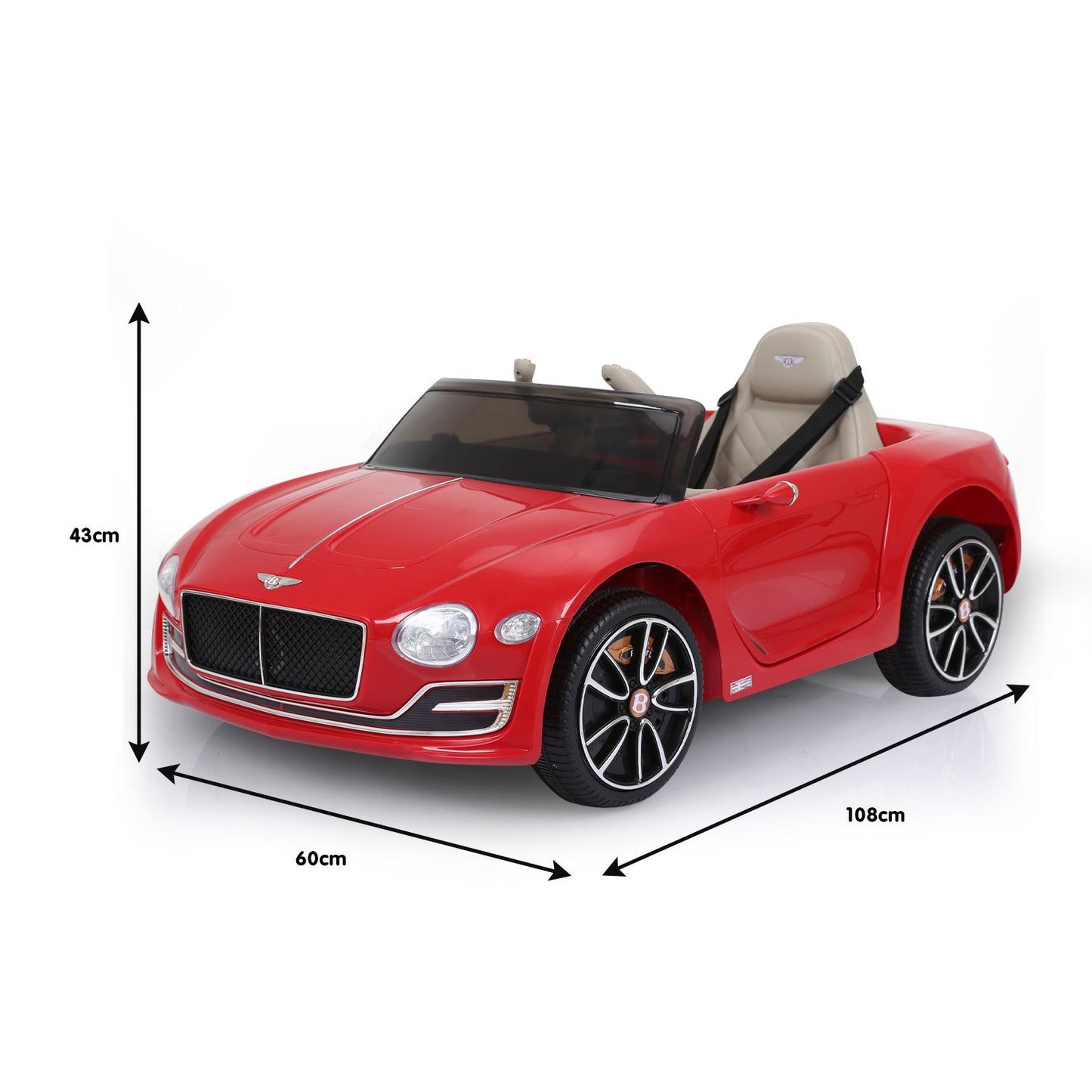 Red toy car with dimensions indicated on a white background