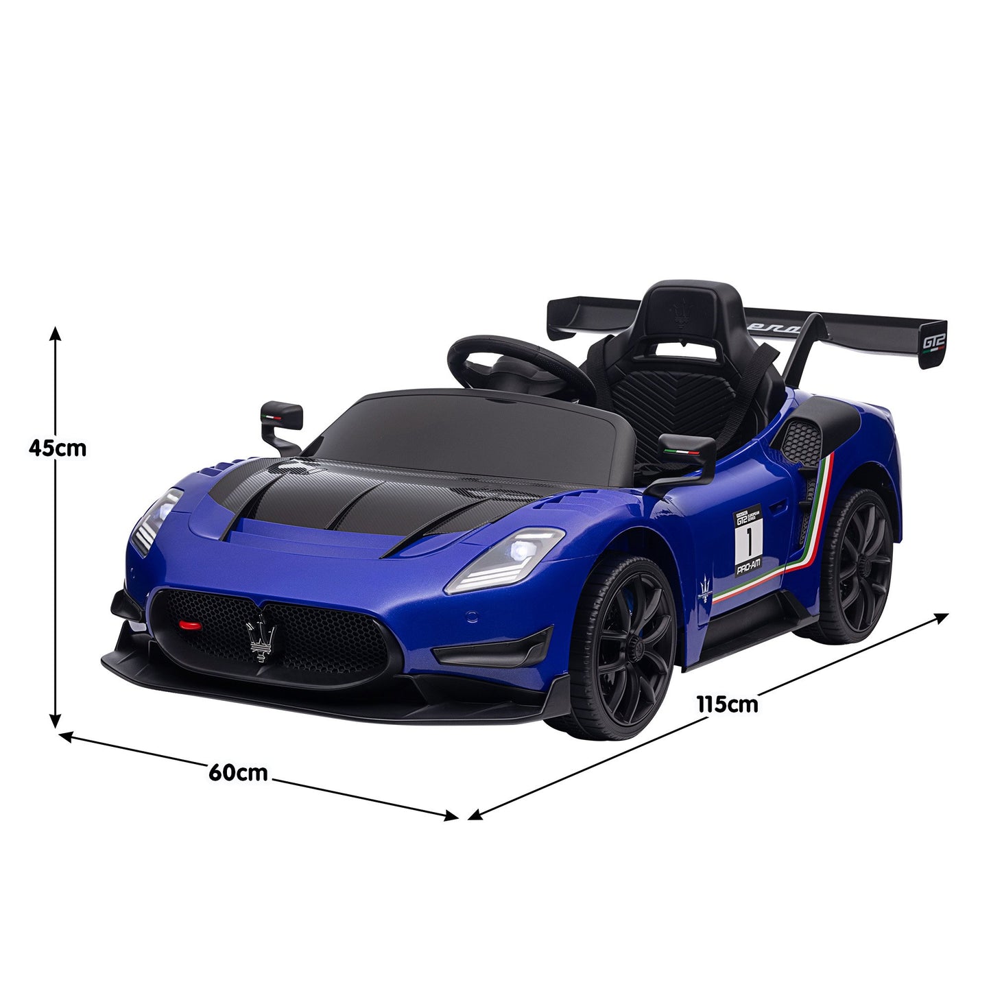 Blue toy car with dimensions indicated on a white background