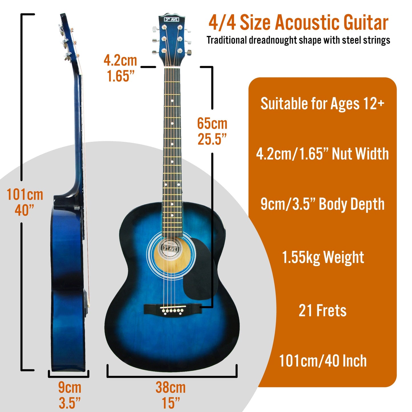 Electric Guitar Premium Pck 3rd Avenue Acoustic Guitar - Blueburst