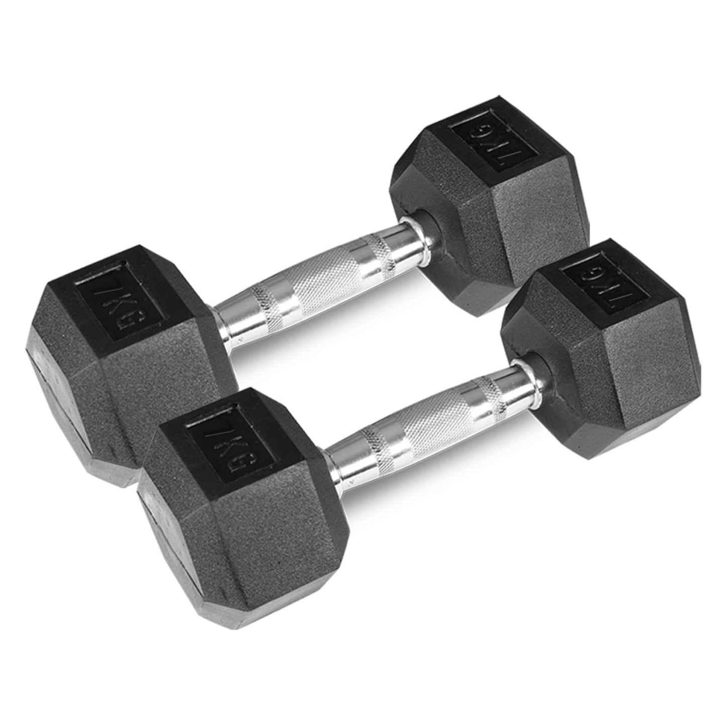 A pair of 7kg black hexagonal dumbbells with rubber coating and silver handles.