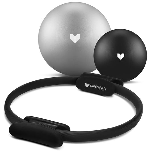 A set consisting of a black Pilates ring with padded grips and two Pilates balls, one small and one medium, all branded with the Lifespan Fitness logo.