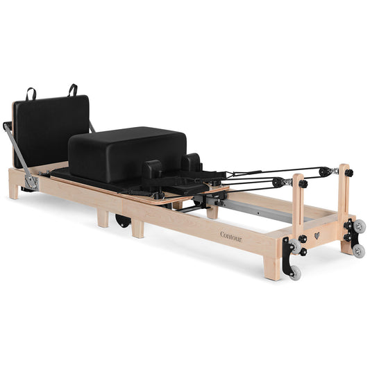 A Lifespan Fitness Contour 2 folding wood Pilates reformer machine set with black accessories on a maple wood frame, including a headrest, wheels, footbar, and springs.