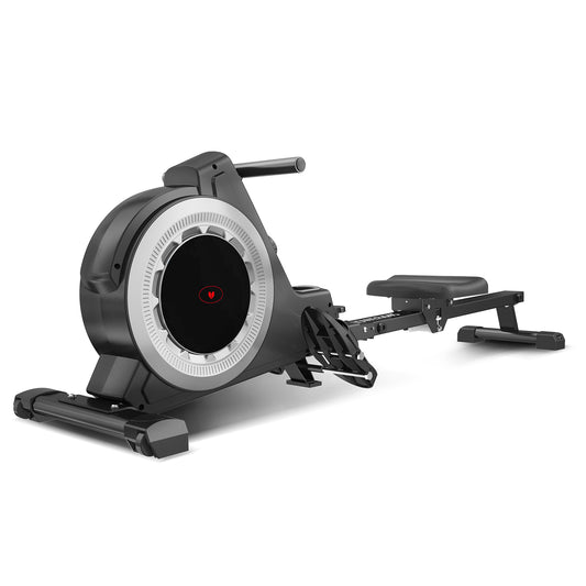 A black Lifespan Fitness ROWER-445 Rowing Machine with a magnetic flywheel system, pedals, and an LCD display.