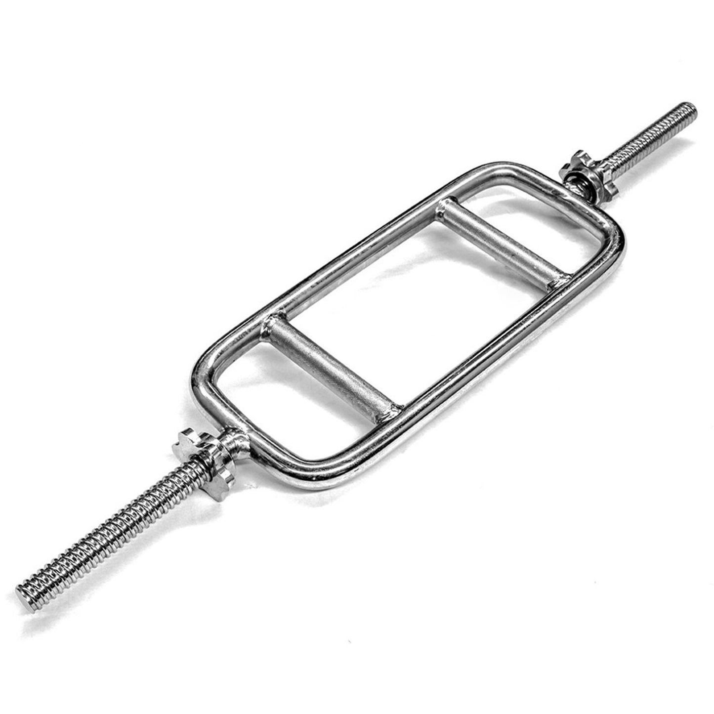 A chrome plated tricep bar with screw locking collars for weightlifting.