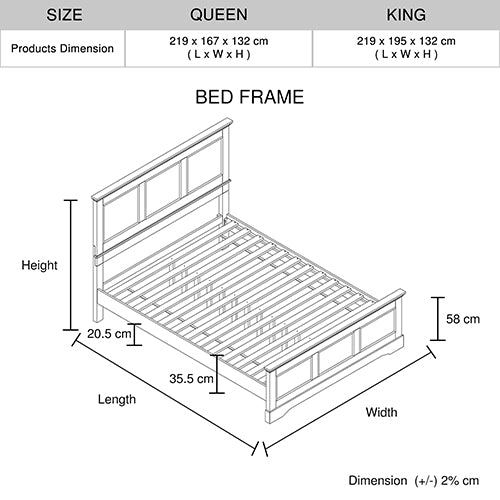 Queen Bed Frame in Solid Wood with Slats Support in Grey
