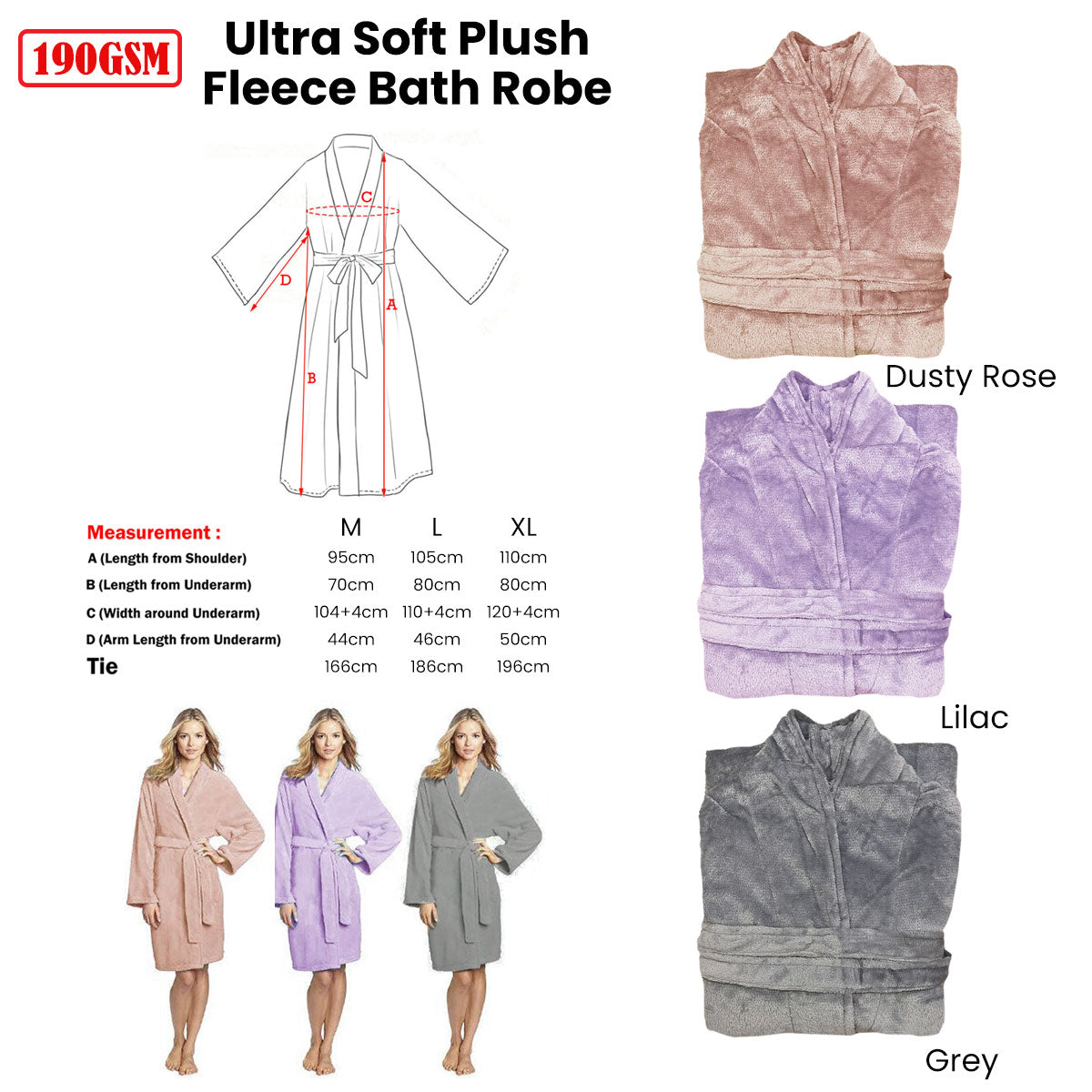 Bathrobe Ultra Soft Plush Fleece Lilac 190GSM - L