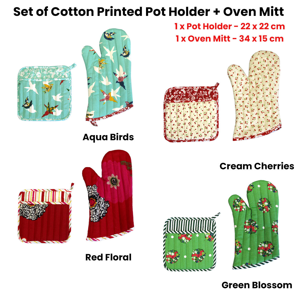 Set of 100% Cotton Printed Oven Mitt + Pot Holder Red Floral - Factory Direct Shop
