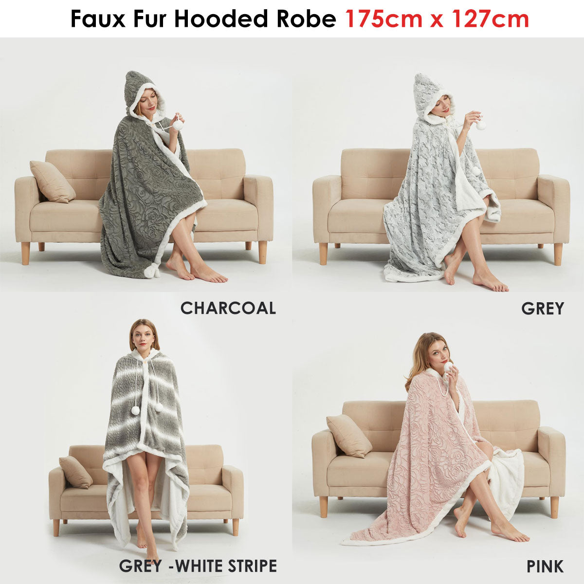 Bathrobe Hooded Ramesses Faux Fur Grey and White Stripe