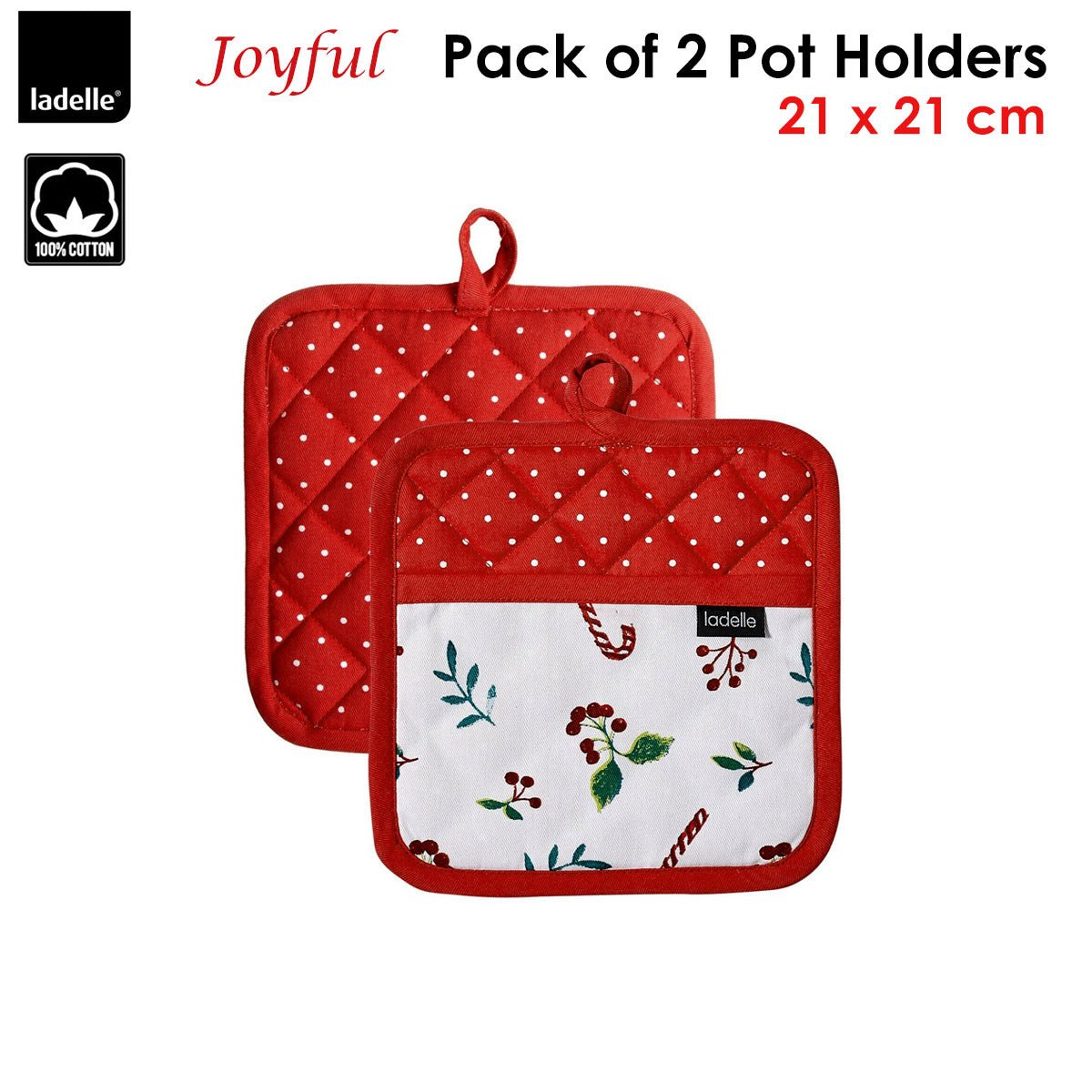 Ladelle Joyful Red Set of 2 Pot Holders 21 x 21 cm - Factory Direct Shop